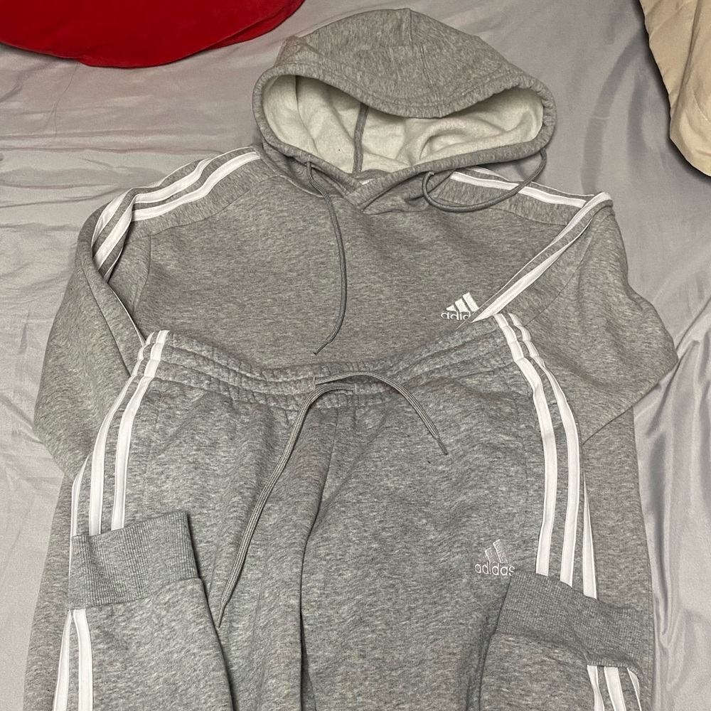 Adidas Heather Gray Hoodie Set with White Accents
